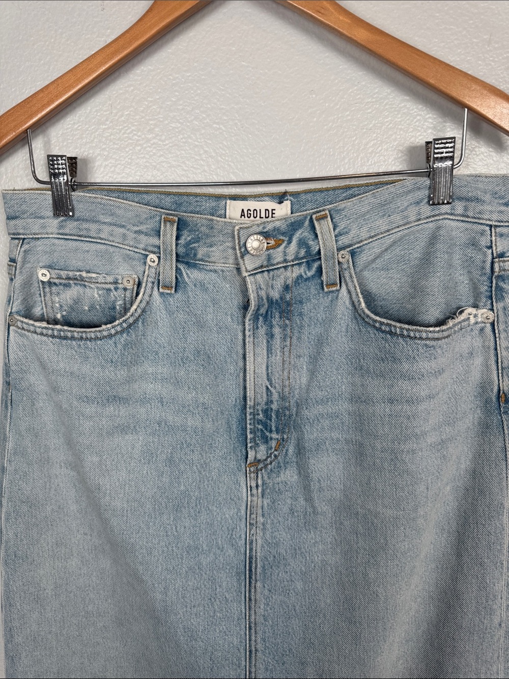Agolde Hilla Light Blue Cotton Denim Maxi Skirt with frayed hem size 28 - Picture 4 of 10